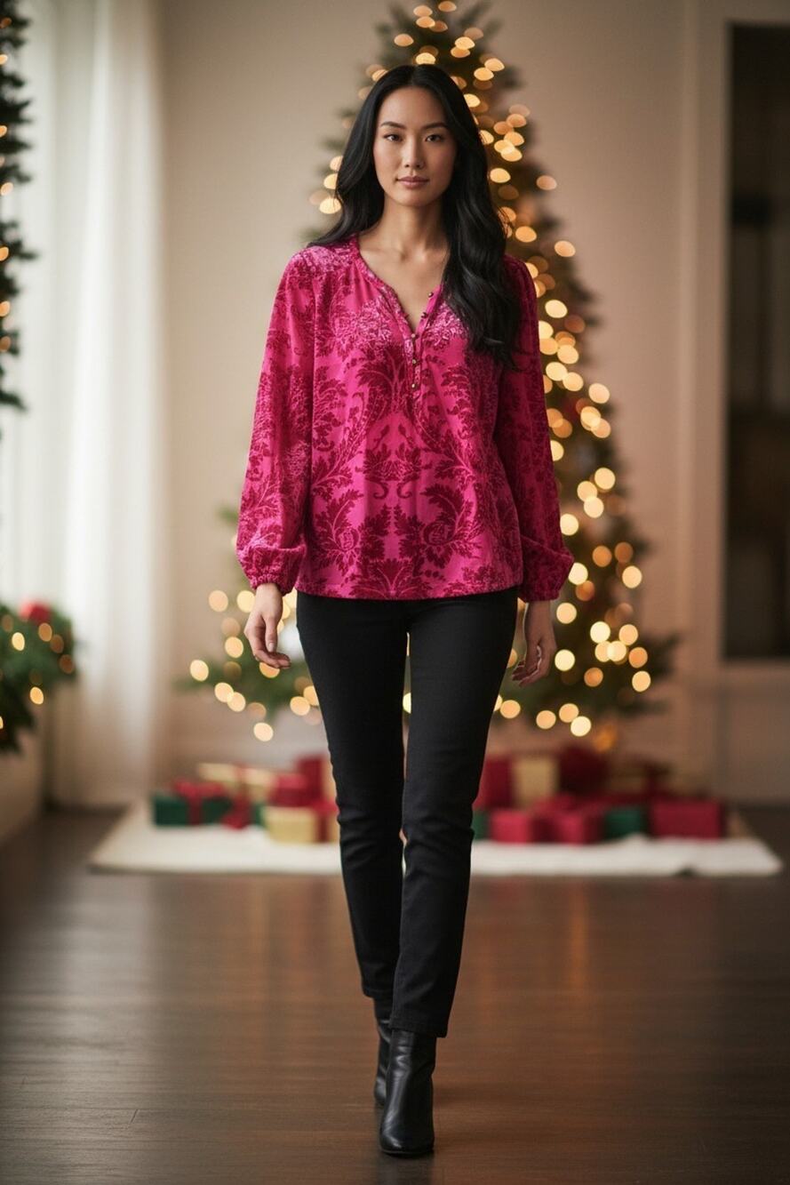 Soft Surroundings "Floreat" velvet burnout blouse in a rich magenta pink small